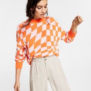 Bar III Mock-Neck Cropped Sweater Pink & Orange Checkered